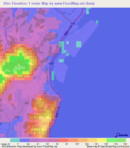 Shio,Japan Elevation Map