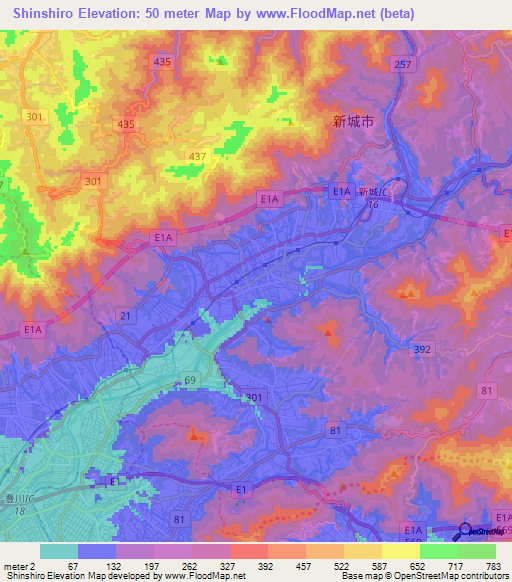 Shinshiro,Japan Elevation Map