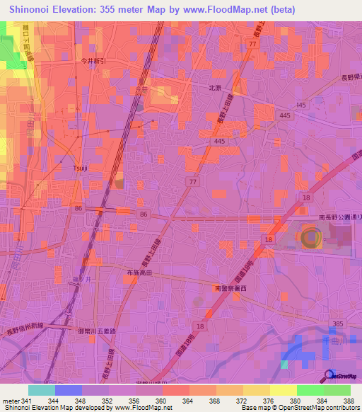 Shinonoi,Japan Elevation Map