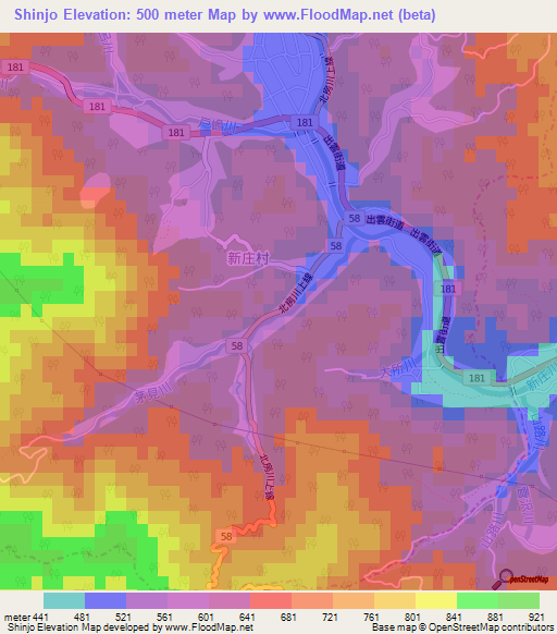 Shinjo,Japan Elevation Map