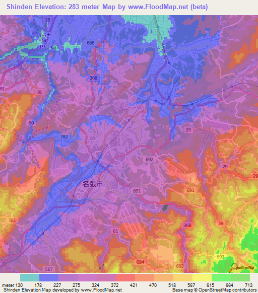Shinden,Japan Elevation Map