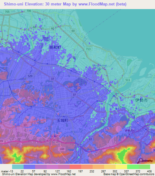 Shimo-uni,Japan Elevation Map