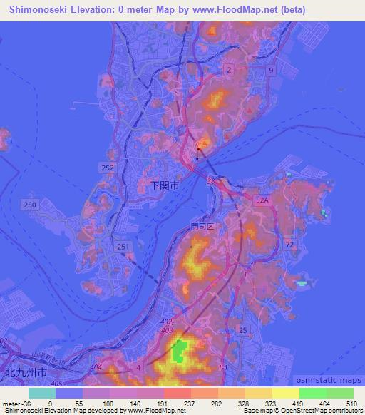 Shimonoseki,Japan Elevation Map