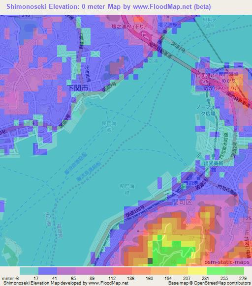 Shimonoseki,Japan Elevation Map