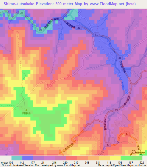 Shimo-kutsukake,Japan Elevation Map