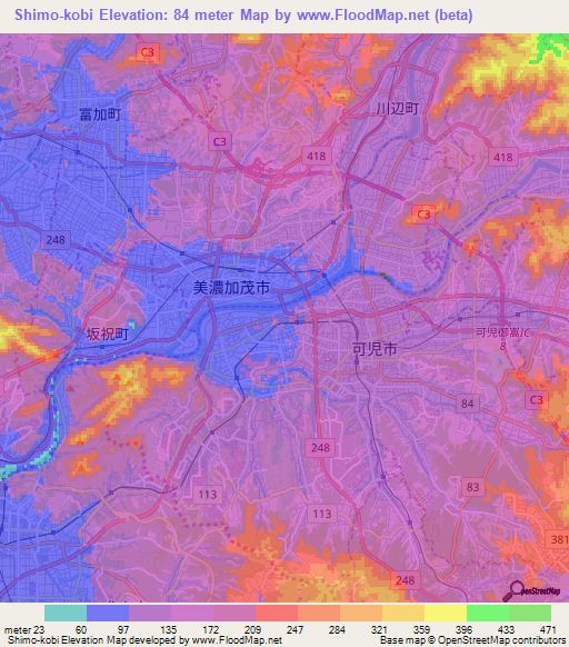 Shimo-kobi,Japan Elevation Map