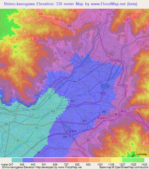 Shimo-kanogawa,Japan Elevation Map