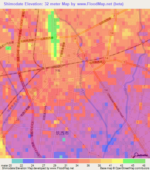 Shimodate,Japan Elevation Map
