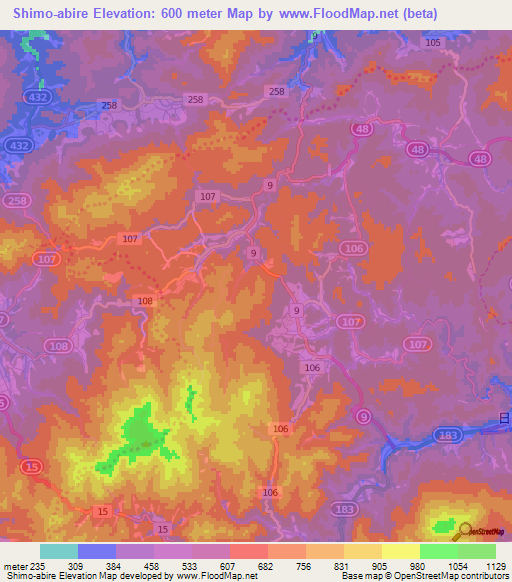 Shimo-abire,Japan Elevation Map