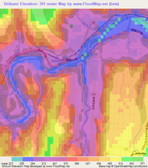 Shikumi,Japan Elevation Map