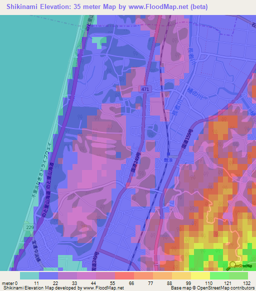 Shikinami,Japan Elevation Map