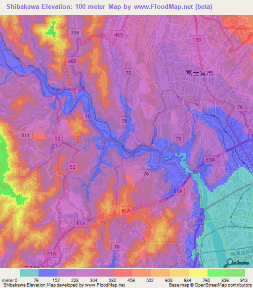 Shibakawa,Japan Elevation Map
