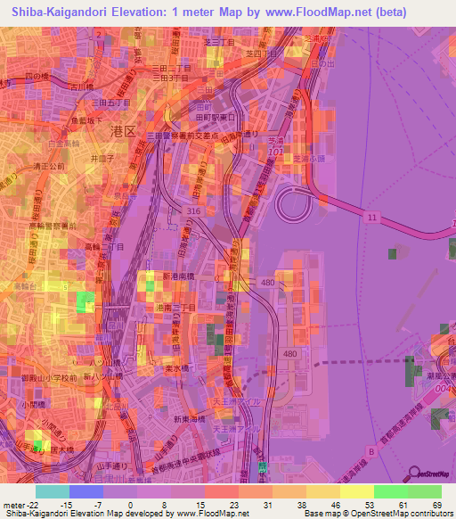 Shiba-Kaigandori,Japan Elevation Map