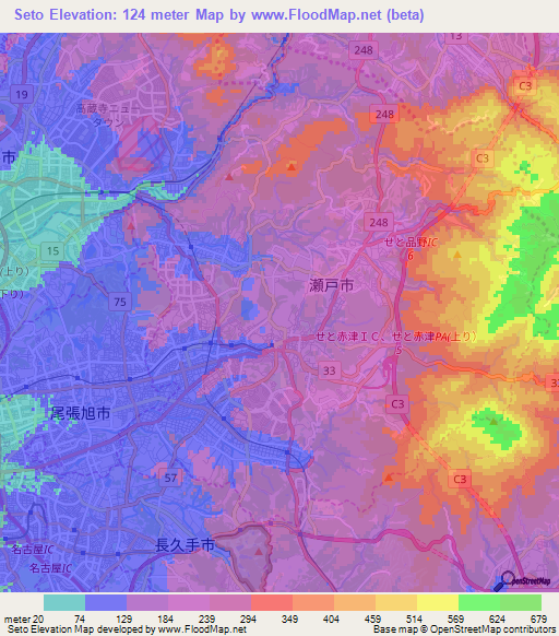 Seto,Japan Elevation Map