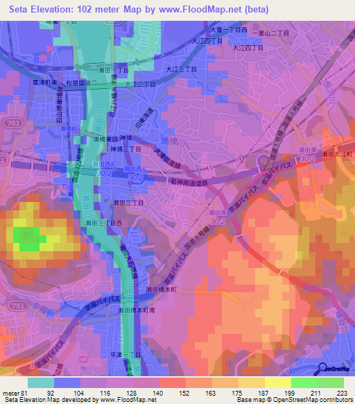 Seta,Japan Elevation Map