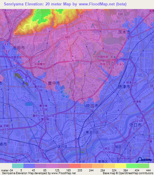 Senriyama,Japan Elevation Map