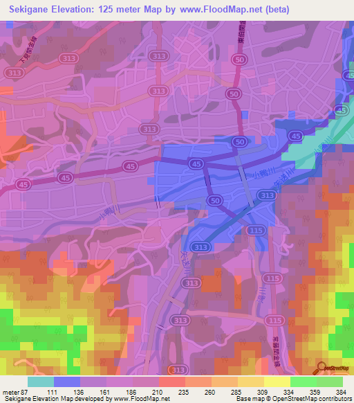 Sekigane,Japan Elevation Map