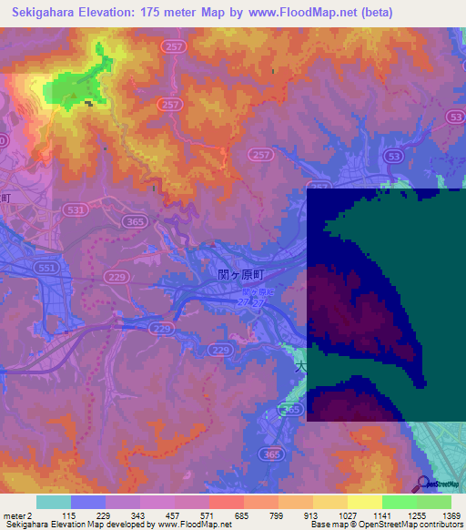 Sekigahara,Japan Elevation Map