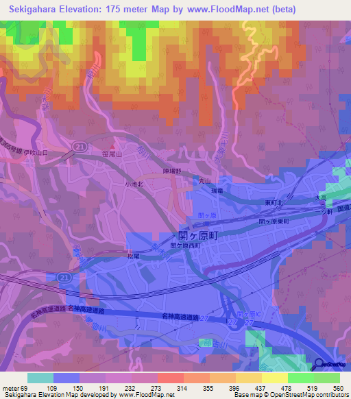 Sekigahara,Japan Elevation Map