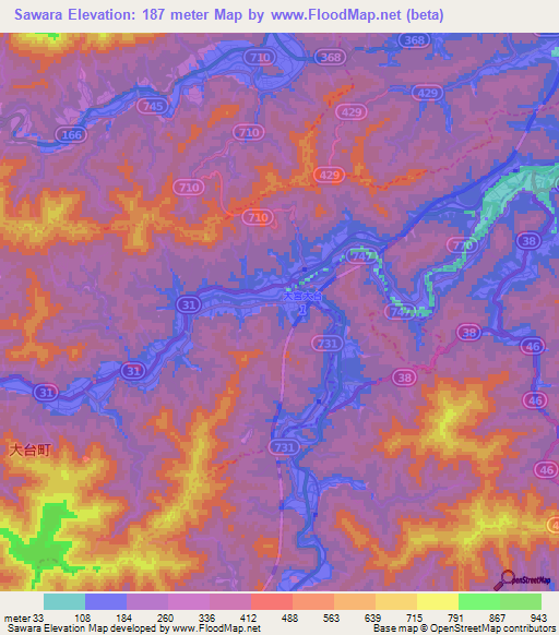 Sawara,Japan Elevation Map