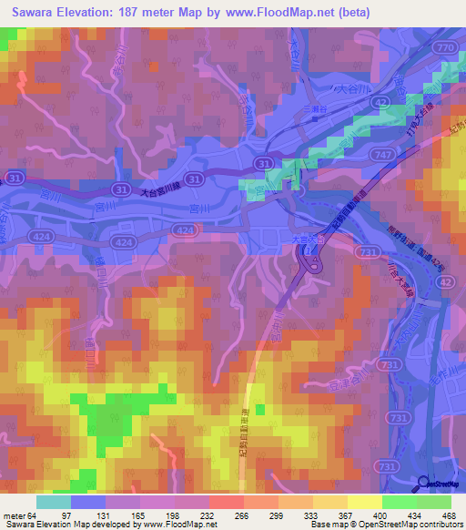 Sawara,Japan Elevation Map