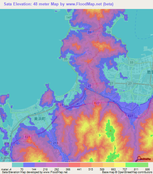 Sata,Japan Elevation Map