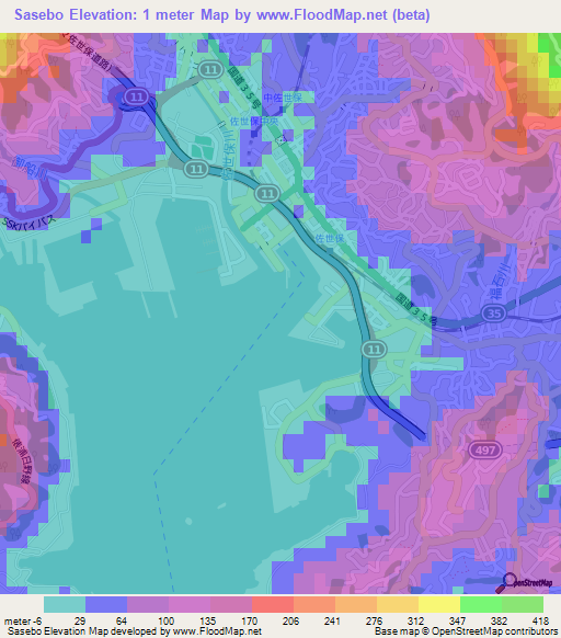Sasebo,Japan Elevation Map