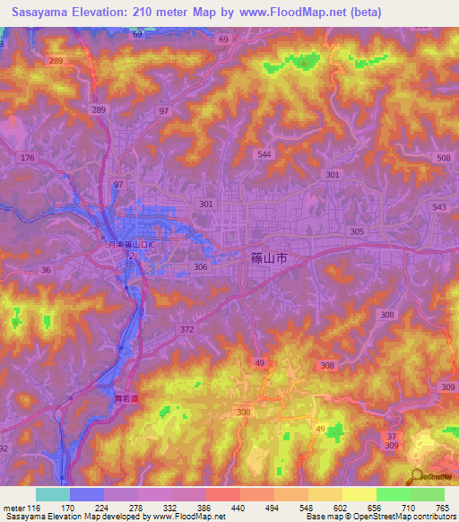 Sasayama,Japan Elevation Map