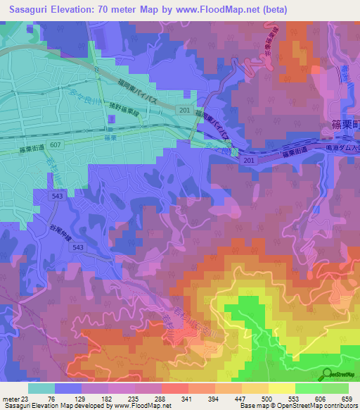 Sasaguri,Japan Elevation Map