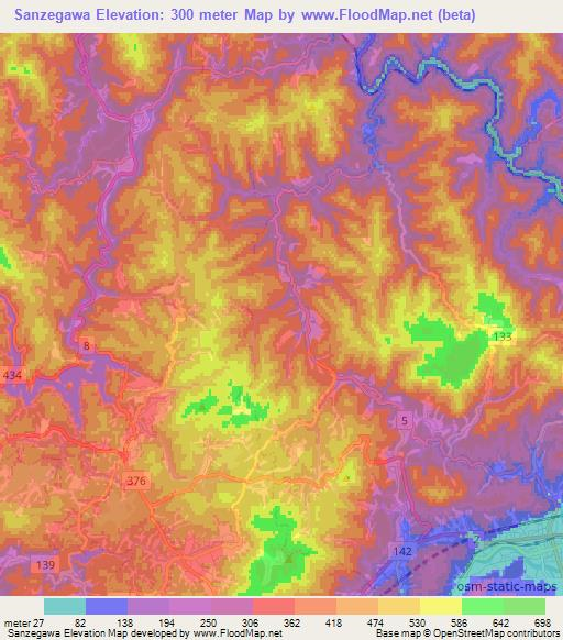Sanzegawa,Japan Elevation Map