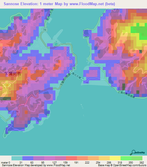 Sannose,Japan Elevation Map