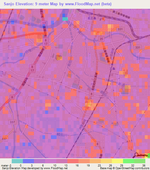 Sanjo,Japan Elevation Map