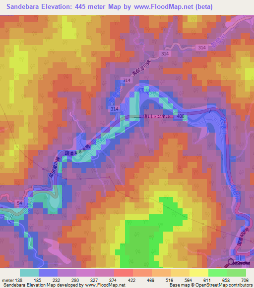 Sandebara,Japan Elevation Map