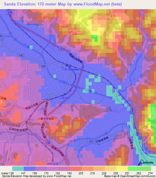 Sanda,Japan Elevation Map