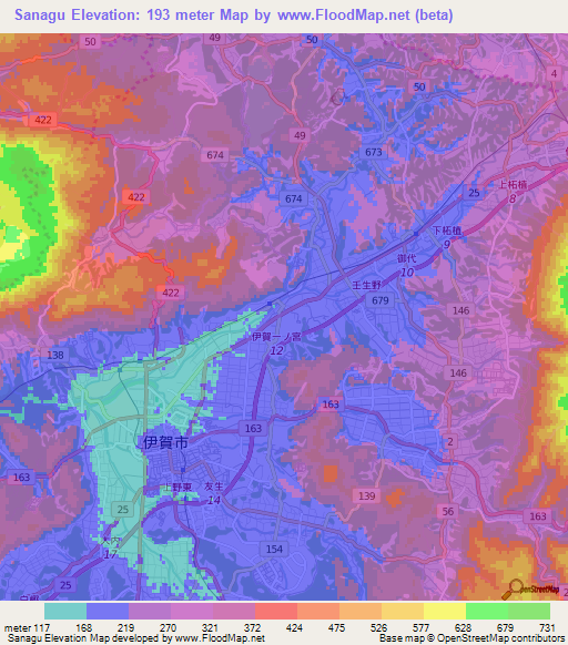 Sanagu,Japan Elevation Map