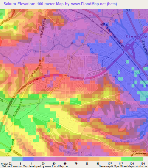 Sakura,Japan Elevation Map
