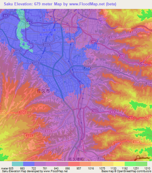Saku,Japan Elevation Map