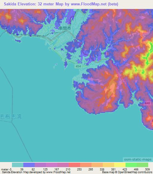 Sakida,Japan Elevation Map