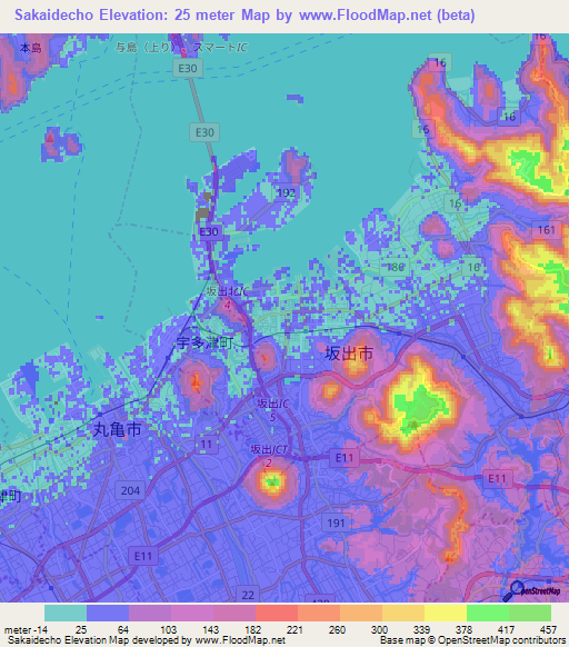 Sakaidecho,Japan Elevation Map