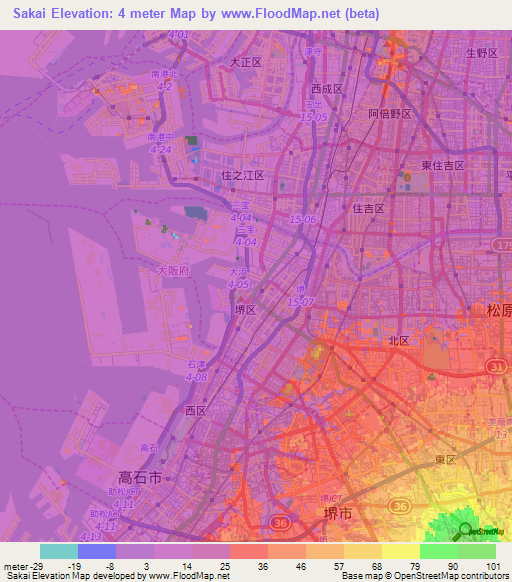 Sakai,Japan Elevation Map