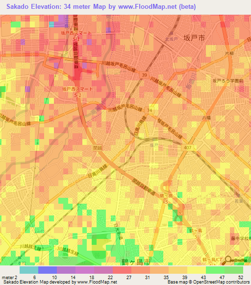 Sakado,Japan Elevation Map