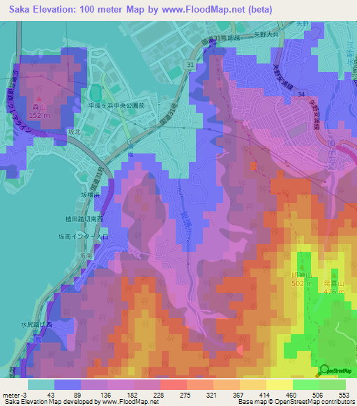 Saka,Japan Elevation Map