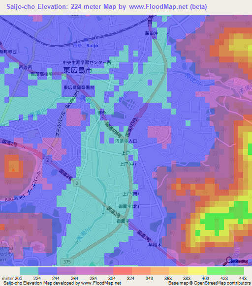 Saijo-cho,Japan Elevation Map