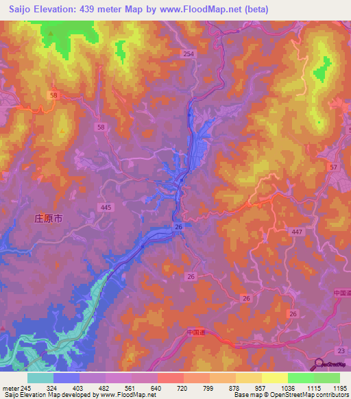 Saijo,Japan Elevation Map