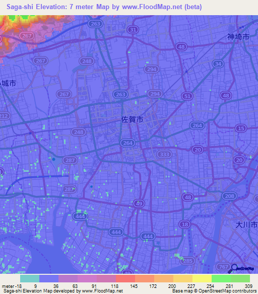 Saga-shi,Japan Elevation Map