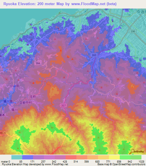 Ryuoka,Japan Elevation Map