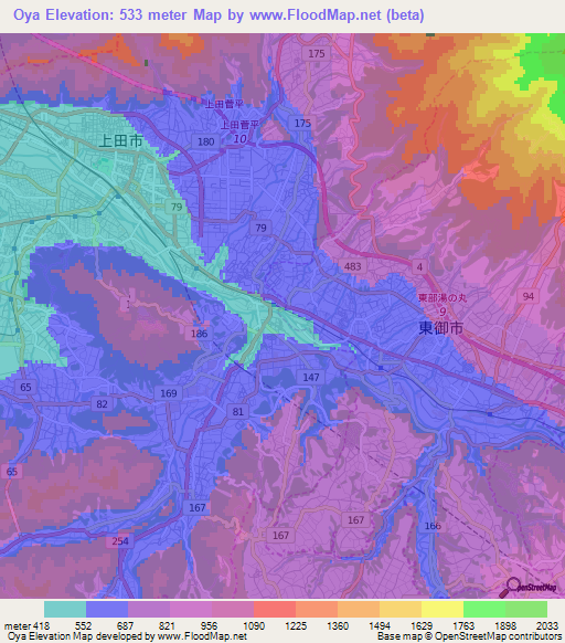 Oya,Japan Elevation Map