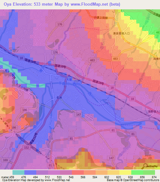 Oya,Japan Elevation Map