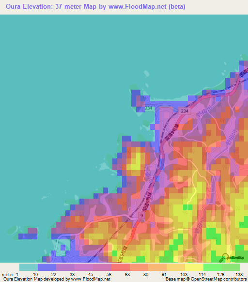 Oura,Japan Elevation Map