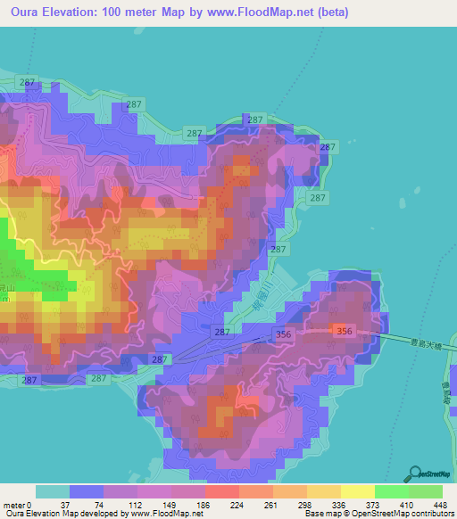 Oura,Japan Elevation Map